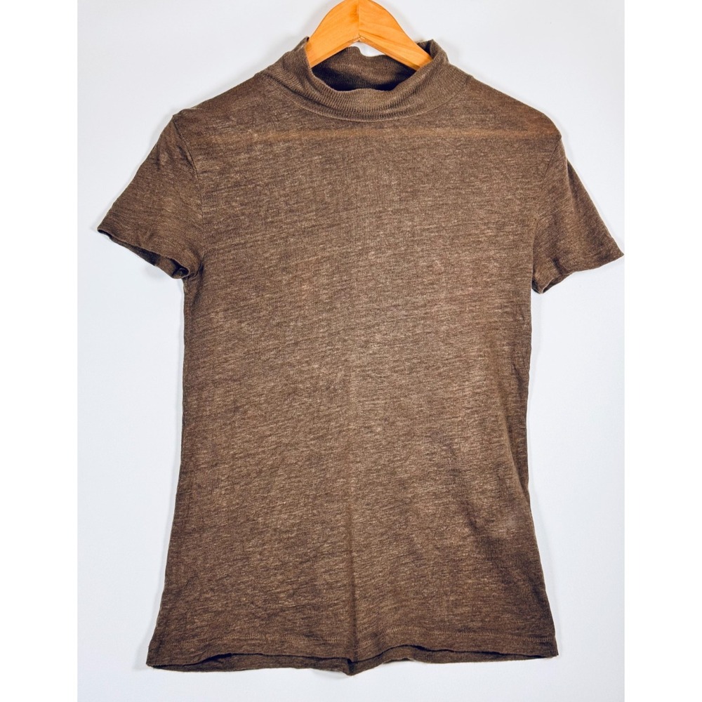 IRO Paris Top Women Small Brown Linen Mock Neck Short Sleeve Minimalist Designer
